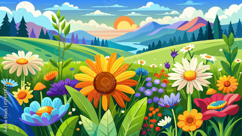 Vibrant colorful wildflowers including daisies and sunflowers blooming in a lush verdant meadow on a scenic countryside landscape The image conveys a sense of spring or summer beauty growth