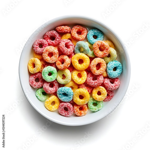 A bowl of colorful Froot Loops cereal, a breakfast food isolated on a white background