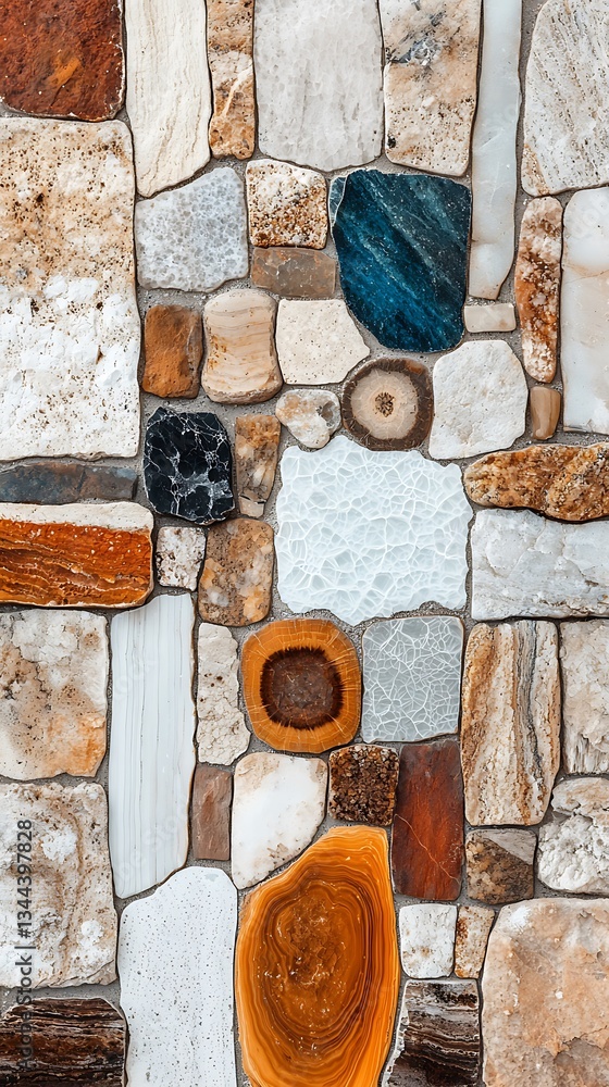 Mosaic wall of various stones and natural materials