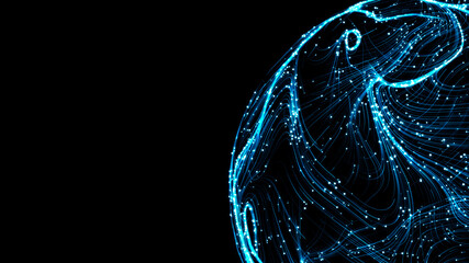 Abstract 3d sphere with interconnected lines and nodes, symbolizing a  big data futuristic digital network .Digital  Artificial Intelligence  background with particles. 3D wireframe geometric sphere.