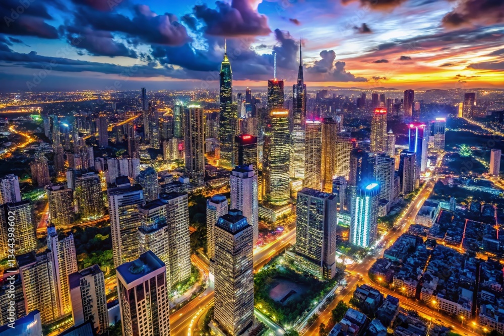 Fototapeta premium Stunning Night Cityscape Aerial View - Illuminated Skyline Panorama