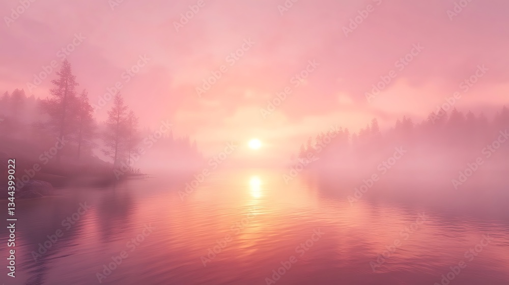 Fototapeta premium Sunrise on lake with pink sky and trees. Meditation
