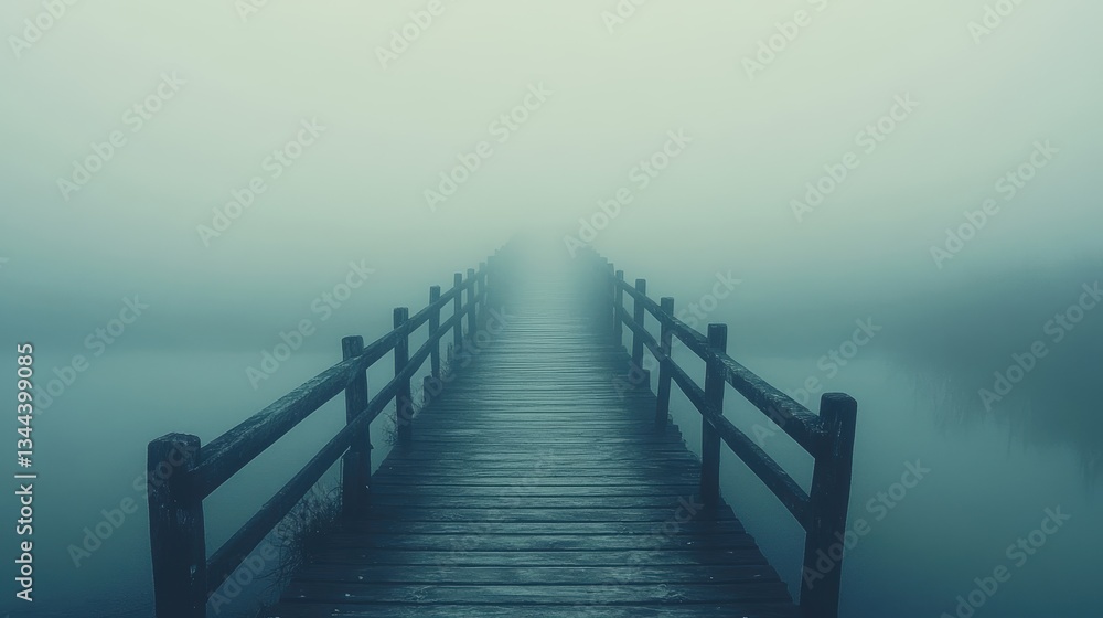 Fototapeta premium Exploring the mystical wooden bridge foggy landscape nature photography serene environment wide angle new high fidelity