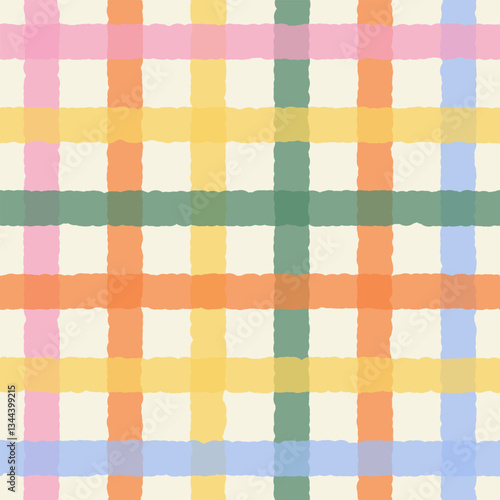 Seamless abstract pattern of multicolored wavy checkered stripes on light background, watercolor effect, simple hand drawn illustration, flat style