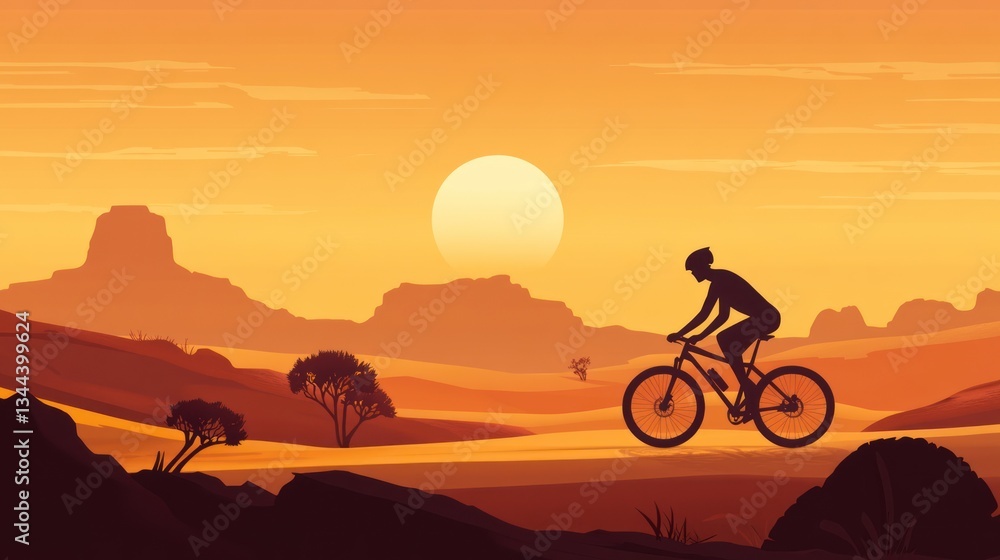 Silhouette of cyclist riding mountain bike across desert landscape at sunset. Silhouette of cyclist riding mountain bike across desert landscape at sunset.