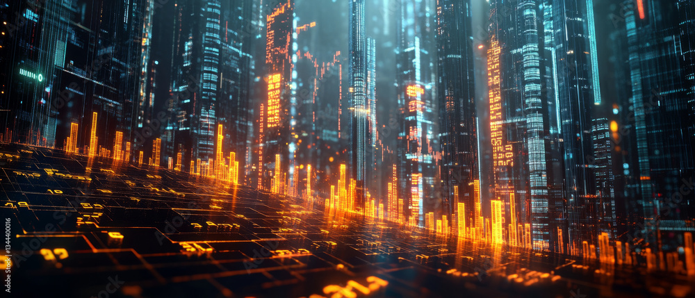 visually striking depiction of futuristic cityscape with glowing skyscrapers and digital data streams. vibrant orange and blue colors create dynamic atmosphere, evoking sense of advanced visually striking depiction of futuristic cityscape with glowing skyscrapers and digital data streams. vibrant orange and blue colors create dynamic atmosphere, evoking sense of advanced