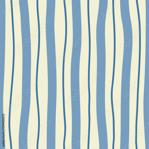 Abstract seamless pattern of vertical blue thick and thin wavy stripes on a light background, simple hand drawn illustration, flat style