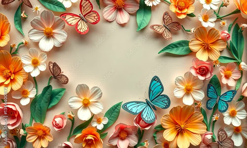 Springtime flowers decoration social media banner on a fantasy background with butterflies