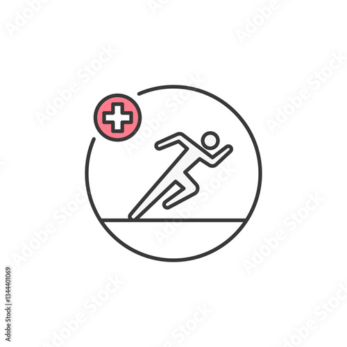 Icon of a running figure within a circular frame, paired with a medical cross, representing the integration of physical activity, specialized health care and sports medicine