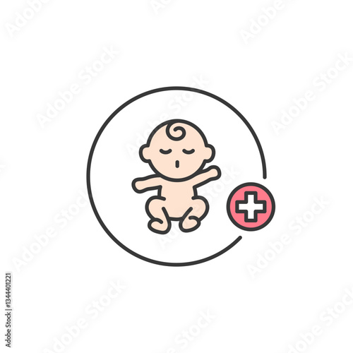 Illustration of a baby paired with a cross, symbolizing pediatrics, dedicated healthcare services and medical attention for children