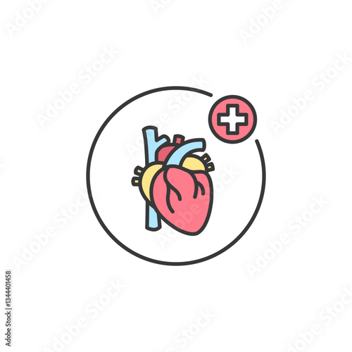 Icon showcasing an anatomical heart outlined in red with a medical cross, symbolizing cardiovascular health, diagnostics, and specialized cardiac care services