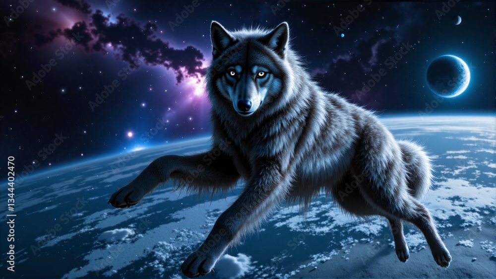 A wolf is leaping through the sky above a planet A wolf is leaping through the sky above a planet