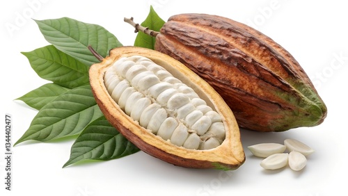Ripe Cacao Pod with Opened Fruit and Seeds on White Background