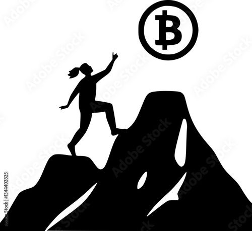 A person climbing a mountain made of coins in monochrome black and white vector line art style for finance business success and motivation illustrations