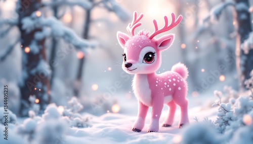 Adorable Pink Reindeer in Snowy Winter Forest