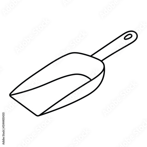 Cat and dog litter scoop shovel illustration. Hand-drawn doodle vector for pet waste, feed, and powder handling. Black line art isolated on white background.