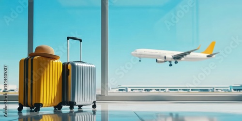 Luggage near an airport window with a plane flying in the background, capturing the excitement of travel and adventure.