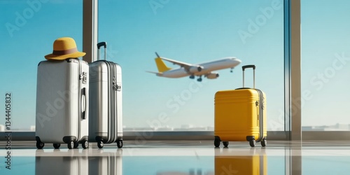 Luggage and a hat are seen in an airport terminal as an airplane takes off in the background, capturing the essence of travel and adventure.