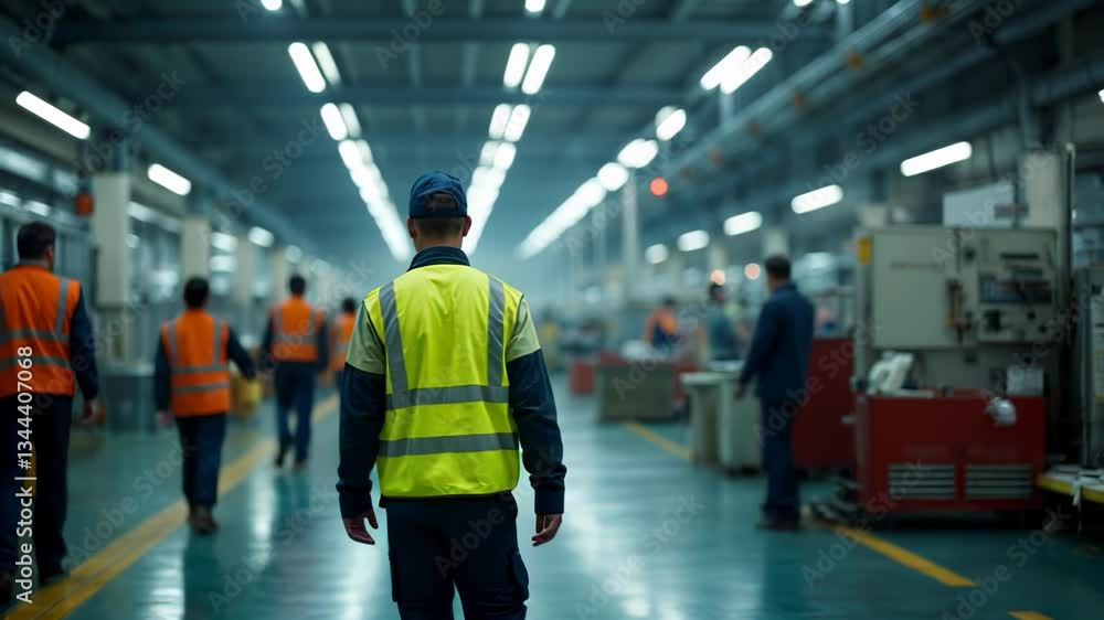Workers in safety vests walk through a spacious industrial facility Workers in safety vests walk through a spacious industrial facility