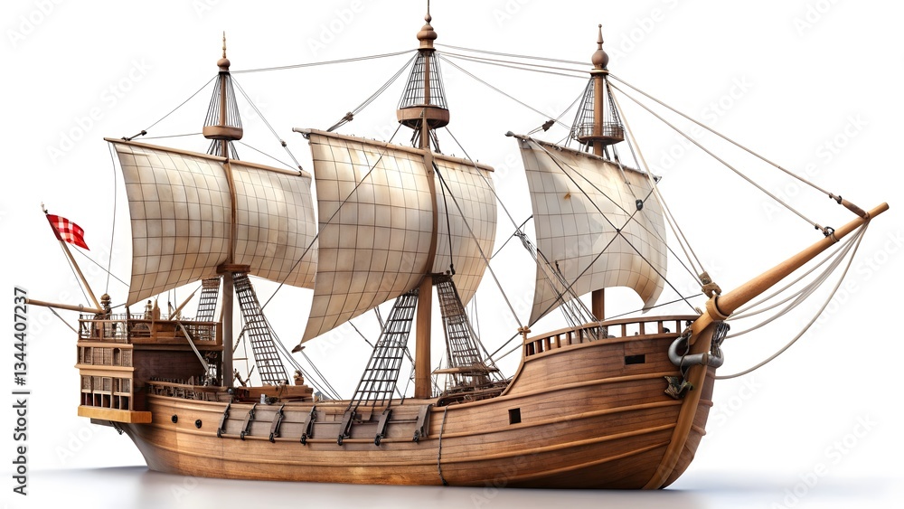 Naklejka premium Caravel Ship, Wooden Sailing Vessel, Three-Masted Ship