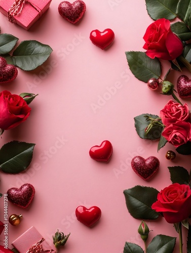 Red roses, gift boxes and hearts creating valentine's day frame on pink background