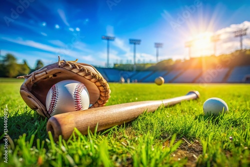 Sunny Day Baseball Game: Bat, Glove, Ball on Field - Stock Photo