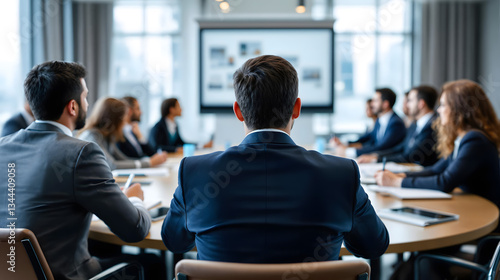 Interview and round table discussion at business convention and presentation. Audience at the conference hall. Business and entrepreneurship symposium