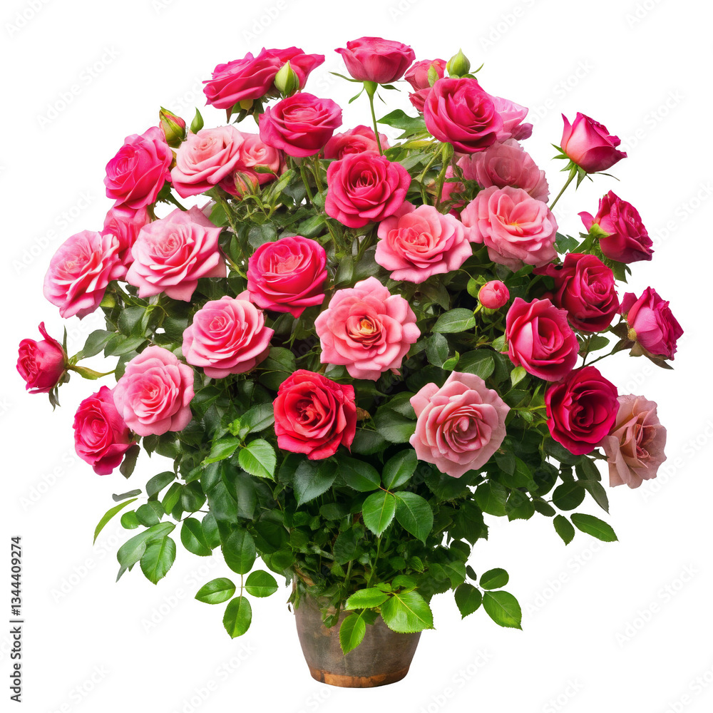 Obraz premium Pink and Red Roses Bouquet in Pot, Isolated on White Background, High-Resolution Image, Flower Arrangement, Roses, Bouquet, Flowers, Floral Arrangement