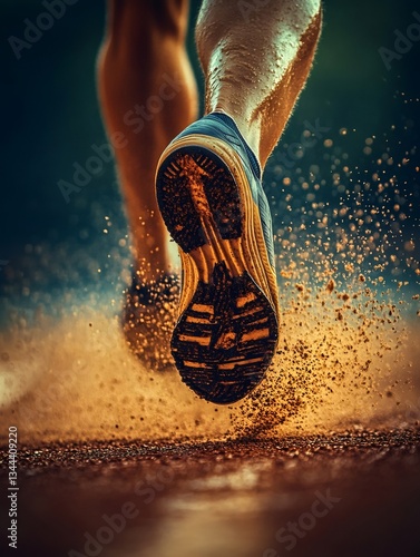 Athlete running on track kicking up dirt and splashing water