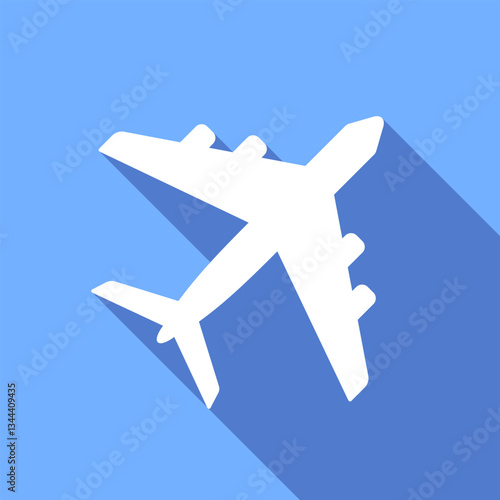 White airplane on sky blue background. Vector long shadow icon or logo.