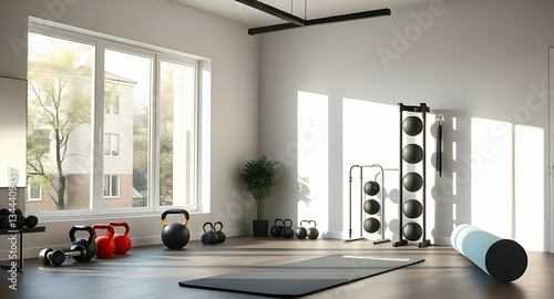 Modern Home Gym with Large Windows and Natural Light