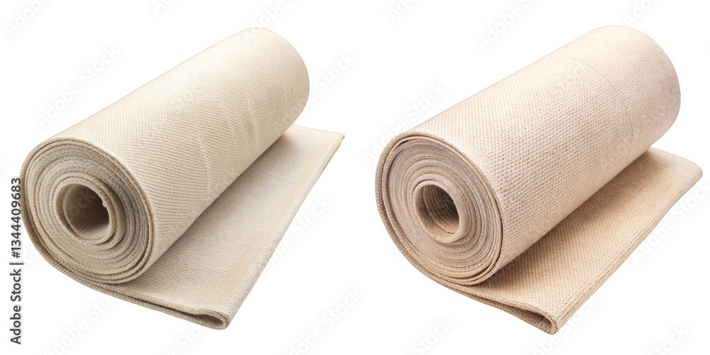 Fototapeta premium Two Rolled Beige Fabric Samples, Isolated on Transparent Background, Textile Material, Closeup, Fabric, Texture, Beige