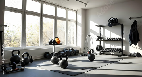 Modern Home Gym with Large Windows and Natural Light