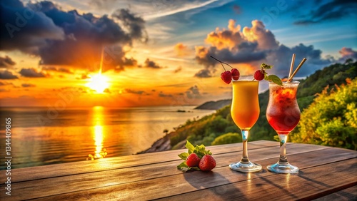 Sunset Cocktail Hour: Vibrant Landscape with Tropical Drinks