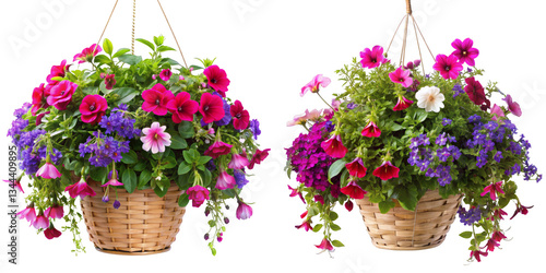 Two Hanging Baskets of Colorful Flowers, Isolated on Transparent Background, Petunias, Summer Blooms, Hanging Baskets, Petunias, Floral Arrangement