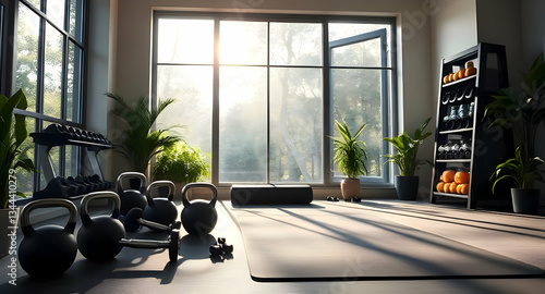 Modern Home Gym with Large Windows and Natural Light