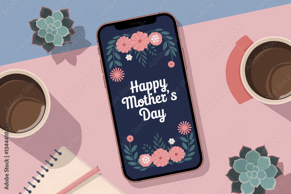 Obraz premium Mother's Day Celebration. Smartphone with Floral Greeting on Elegant Desk Setup