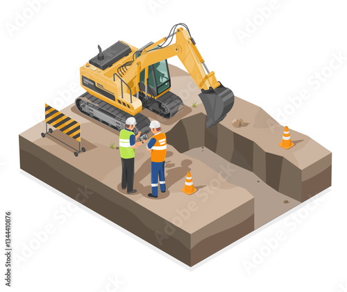 Isometric Illustration of an Excavation Site with Engineers Supervising a Construction Project for Underground Pipeline Installation