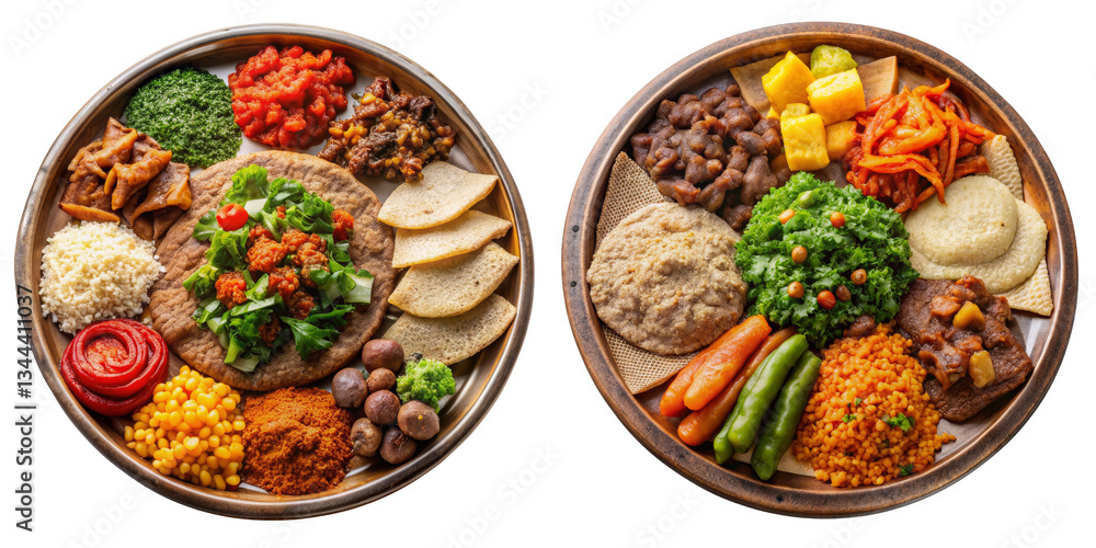 Ethiopian Platter Food Composition Two Traditional Meals, Isolated on Transparent Background, Ethopian Cuisine, Top View, Ethiopian food, African cuisine, vegetarian Ethiopian Platter Food Composition Two Traditional Meals, Isolated on Transparent Background, Ethopian Cuisine, Top View, Ethiopian food, African cuisine, vegetarian