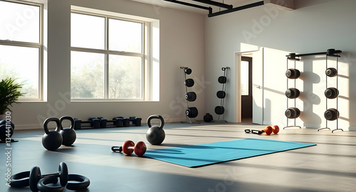 Modern Home Gym with Large Windows and Natural Light