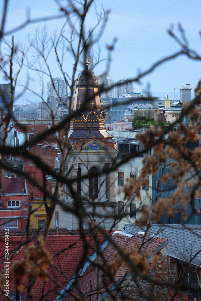 Various historic and contemporary buildings in downtown Zagreb, Croatia.