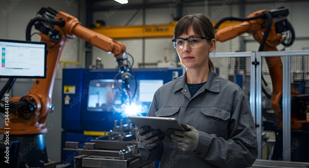 Fototapeta premium Automated Welding Technician in a High-Tech Manufacturing Facility (Industry)