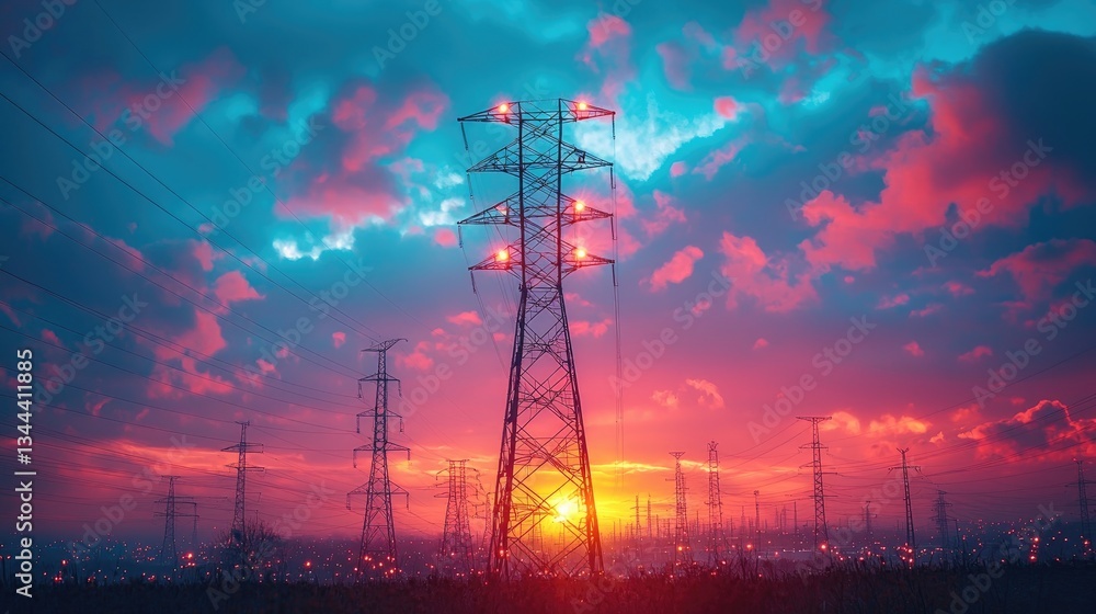 Fototapeta premium Vibrant sunset behind power lines silhouetted against a colorful sky