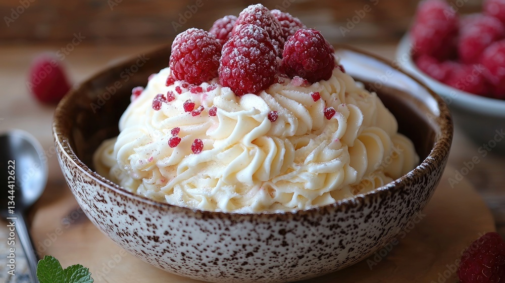 Creamy dessert topped with fresh raspberries in rustic bowl on wooden table Creamy dessert topped with fresh raspberries in rustic bowl on wooden table