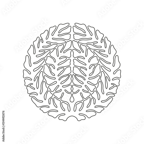 Outline circular ornamental design resembling stylized leaves branches and veins, symbolizing nature, growth and harmony