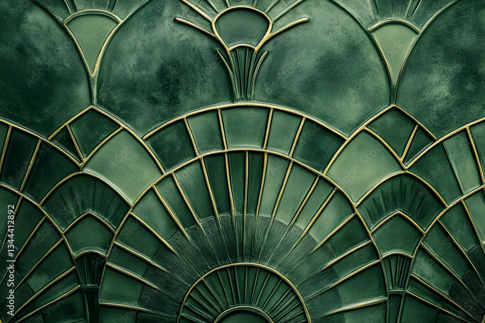 A decorative green and gold pattern with geometric symmetrical shapes