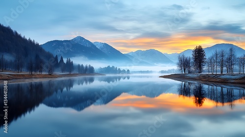 Serene lake sunrise reflecting mountains