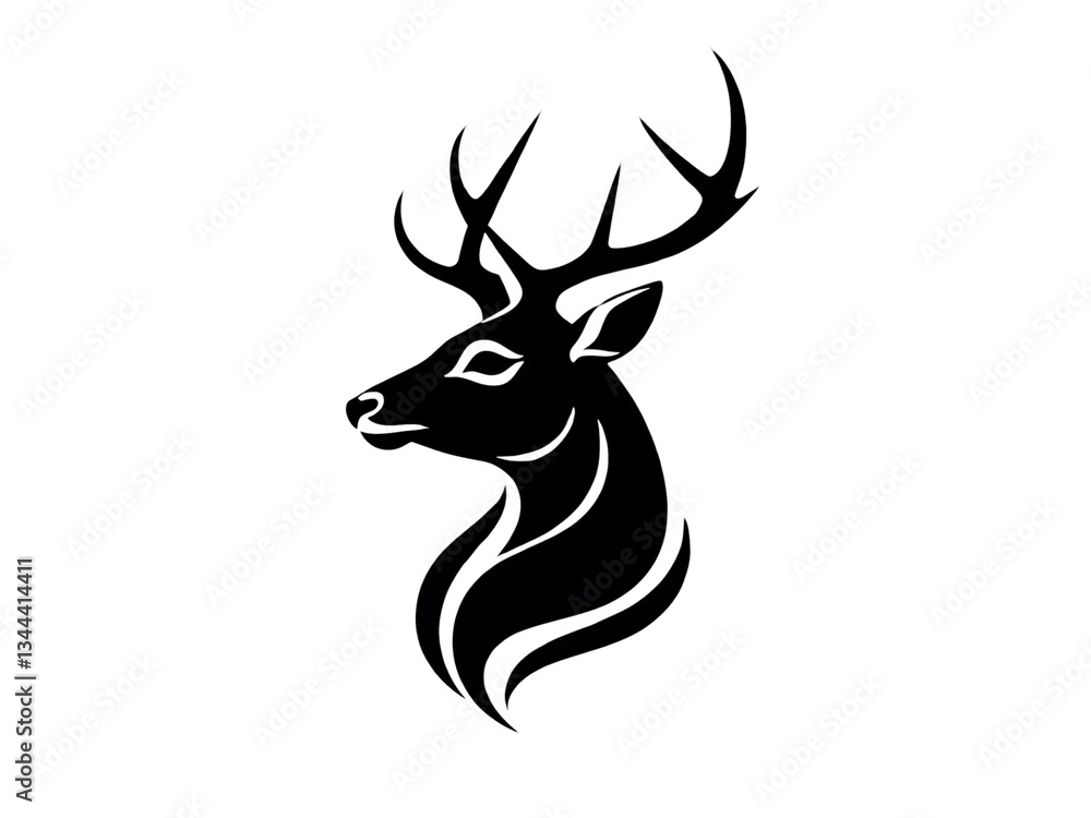 Fototapeta premium Majestic stag head profile, elegantly styled with flowing black ink, a symbol of grace and wildness.