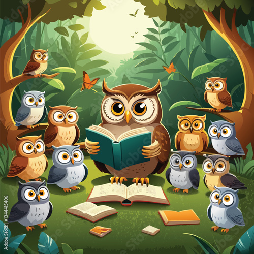Enchanting Jungle Gathering of Wise Owls Reading a Book Under the Moonlight