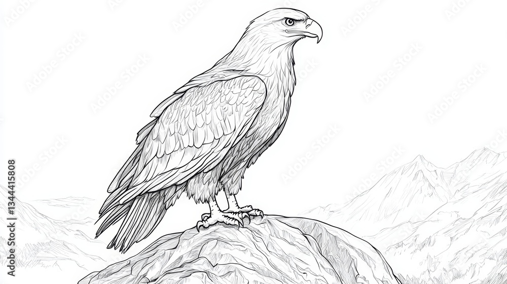 Fototapeta premium Majestic eagle perched on rocky summit wilderness setting line art illustration nature detailed perspective
